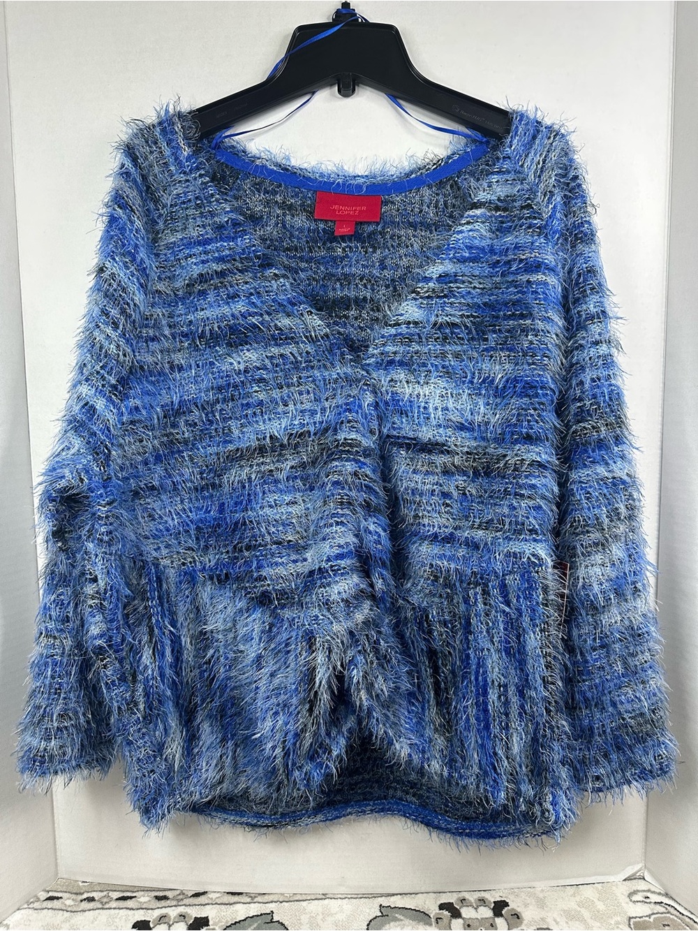 Jennifer Lopez Blue Fuzzy v-neck sweater, knot in front, size Large, NWT